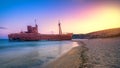 Greek coastline with the famous rusty shipwreck in Glyfada beach near Gytheio, Gythio Laconia Peloponnese. Royalty Free Stock Photo