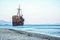 Greek coastline with the famous rusty shipwreck in Glyfada beach near Gytheio, Gythio Laconia Peloponnese. Royalty Free Stock Photo