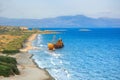 Greek coastline with the famous rusty shipwreck in Glyfada beach near Gytheio, Gythio Laconia Peloponnese. Royalty Free Stock Photo