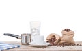 Greek coffee with pot and sacks full of coffee beans. Royalty Free Stock Photo