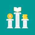 Greek column with golden book and money. Antique pillar. Education value, study expenses concept Royalty Free Stock Photo