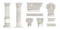 Greek columns. Ancient Roman architecture decorative elements. Antiqua Corinthian pillars or wall ornaments. Carved