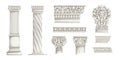 Greek columns. Ancient Roman architecture decorative elements. Antiqua Corinthian pillars or wall ornaments. Carved marble