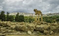 Greek columns in the foreground of famous vacation historic destination of Valley of the temples in Agrigento in Sicily