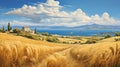 Greek Countryside Landscape: Vast Wheat Fields And Ocean View Royalty Free Stock Photo