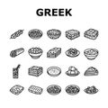 greek cuisine food lunch icons set vector