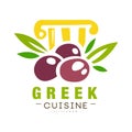 Greek cuisine logo design, authentic traditional continental food label can be used for shop, farmers market, cafe, bar Royalty Free Stock Photo