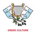 Greek culture promo poster with ancient theatrical symbols and olives