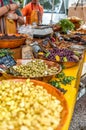 Greek delicacies, marinated olives and garlic in oil Royalty Free Stock Photo