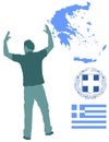 Greek Evzone dancing folklore silhouette. Traditional dance. Greece map, coat of arms and Greece flag.