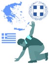 Greek Evzone dancing silhouette. Traditional dance. Greece map, coat of arms and Greece flag.