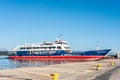 Greek ferry boat at the port. Summer Holidays - Commercial car ferry of Corfu town Royalty Free Stock Photo