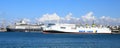 Greek ferry boats on blue sea Royalty Free Stock Photo