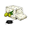 Greek feta cheese block drawing. Vector hand drawn food sketch with olive.