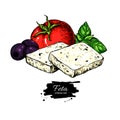 Greek feta cheese block slice drawing. Vector hand drawn food sketch with olive, basil, tomato.