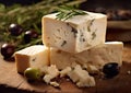 Greek feta cheese with green olives and rosemary on table with bread.Macro.AI Generative