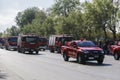 Greek Fire Service trucks during Oxi Day parade in Thessaloniki, Greece.