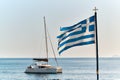 Greek flag flying, Akrotiri, Santorini, Greece Royalty Free Stock Photo