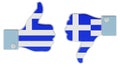 Greek flag painted on the hand with thumb up and thumb down. Like and dislike in Greece, concept. 3D rendering