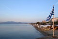 Thessaloniki, Greece - September 1 2017: View of Agia Triada suburb in Thessaloniki, sea and greek flag waving. Royalty Free Stock Photo