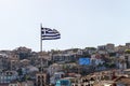 Greek flag waving at sunset. EU flag on background Royalty Free Stock Photo