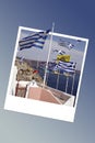 Greek flags in Santorini, instant photo frame