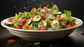 Greek flying salad isolated on white background. red tomatoes, pepper, cheese, lettuce, cucumber, olives and olive oil Royalty Free Stock Photo