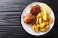 Greek food chicken thighs grilled with fried lemon garlic oregano potatoes closeup. horizontal top view Royalty Free Stock Photo