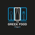 Greek Food Restaurant Logo. Greece flag symbol with Spoon, Fork, Chef Hat, Toque, and Knife icons. Premium and Luxury Logo Design Royalty Free Stock Photo