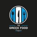 Greek Food Restaurant Logo. Greece flag symbol with Spoon, Fork, Chef Hat, Toque, and Knife icons. Premium and Luxury Logo Design Royalty Free Stock Photo