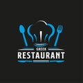 Greek Food Restaurant Logo. Greece flag symbol with Spoon, Fork, Chef Hat, Toque, and Knife icons. Premium and Luxury Logo Design Royalty Free Stock Photo