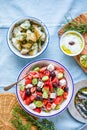 Greek food table scene, top view . Variety of items including greece salad, cucumber dip Tzatziki, Anchovy fillets, lemon potatoes Royalty Free Stock Photo