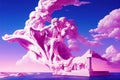 Greek god sculpture in retrowave city pop design, vaporwave style colors