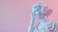 Greek goddess statue wearing headphones listening to music, pink background with copy space