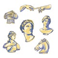 Greek gods Antique statue, ancient sculpture pastel line art set. Vector illustrations exhibition. Heads, horse, column