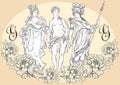 Greek Gods, the mythological heroes of ancient Greece. Hand-drawn beautiful vector artwork isolated. Classicism.