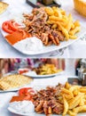 Greek gyros on a plate with French fries and vegetables. Collage of two photos Royalty Free Stock Photo