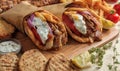 Greek gyros wrapped in pita breads on a wooden table Royalty Free Stock Photo