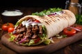 Greek gyros wrapped in pita breads on a wooden table, shawarma sandwich Royalty Free Stock Photo