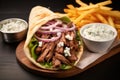 Greek gyros wrapped in pita breads on a wooden table, shawarma sandwich