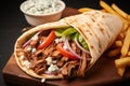 Greek gyros wrapped in pita breads on a wooden table, shawarma sandwich