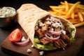 Greek gyros wrapped in pita breads on a wooden table, shawarma sandwich