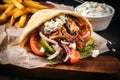 Greek gyros wrapped in pita breads on a wooden table, shawarma sandwich Royalty Free Stock Photo