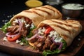 Greek gyros wrapped in pita breads on a wooden table, shawarma sandwich Royalty Free Stock Photo