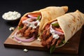 Greek gyros wrapped in pita breads on a wooden table, shawarma sandwich