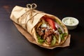 Greek gyros wrapped in pita breads on a wooden table, shawarma sandwich Royalty Free Stock Photo