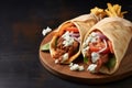 Greek gyros wrapped in pita breads on a wooden table, shawarma sandwich Royalty Free Stock Photo