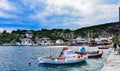 Greek harbour, traditional fishing boats with nets Royalty Free Stock Photo