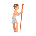 Greek or Hellene Man Character in Ethnic Chiton Clothing and Wooden Stick Vector Illustration