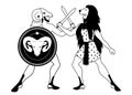 Greek heroes crashing their swords. Jason and Hercules. Fleece and lion. Shield with the image of ram. Ancient Greece style